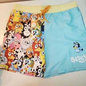 Bluey Mens Swim Trunks Blue Bingo Character Print Board Shorts Medium 6in Inseam